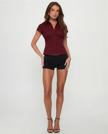 Burgundy Waist Fitted Cotton Shirt