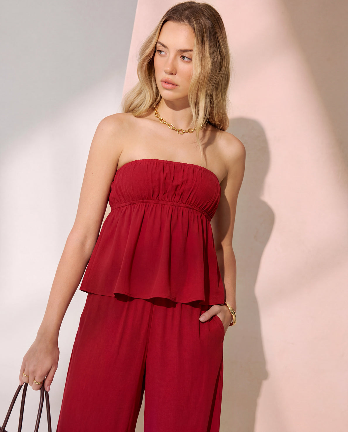 Cherry Red Bandeau Top And Pants Co Ord Set