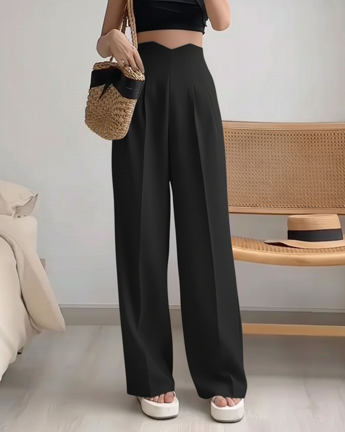 Corset Waist Pleated Pants - Black