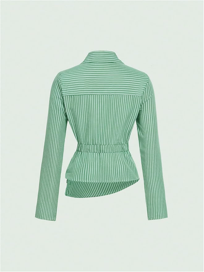 Green Stripe Asymmetric Hem Shirt