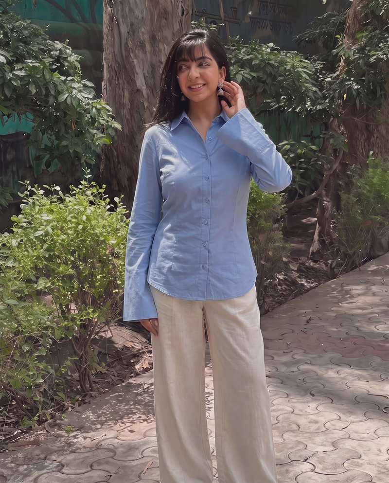 Blue Flared Sleeves Shirt