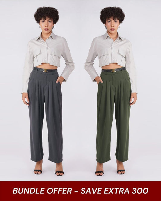 Pant 1 Color: OliveFabric: Moss CrepeFit: Relaxed FitLength: 41 inches waist: High RiseClosure: Zip & ButtonNo. of Pockets: 2Print: SolidDetail: PleatedPant 2Color: GreyFabric: Moss CrepeFit: Relaxed FitLength: 40 inches Waist: High RiseClosure: Zip & ButtonNo. of Pockets: 2Print: SolidDetail: Pleated Wide Leg 