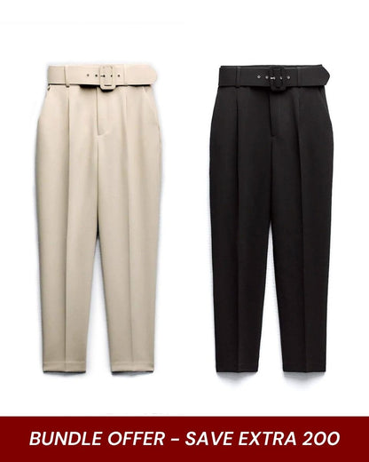 Beige, belt, black, bottomwear, bundle, full length, high rise, pants, polyester, semi-formal, spandex, straight fit, tapered, workwear, woven,set-of-two-belted-stretchable-pants,SET OF TWO BELTED STRETCHABLE PANTS