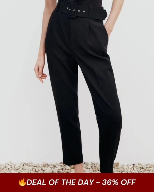 BELTED TAPERED PANTS WITH BELT- BLACK