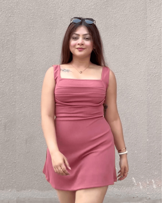 dresses,dresses,vacation,soft girl,knitted, stretchable,ribbed,,dusty pink,solid,ruched,regular fit,a line,mini,square neck,shoulder strap,,sleeveless,