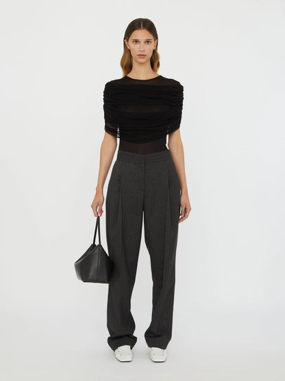 topwear,tops,casual, casual chic,gen z, millenial,knitted, stretchable, woven,polyester, spandex,black,,ruched,slim fit,fitted top,regular length,straight hem,crew neck,no straps,cap sleeves,short sleeves	OY3132, 25110017GG