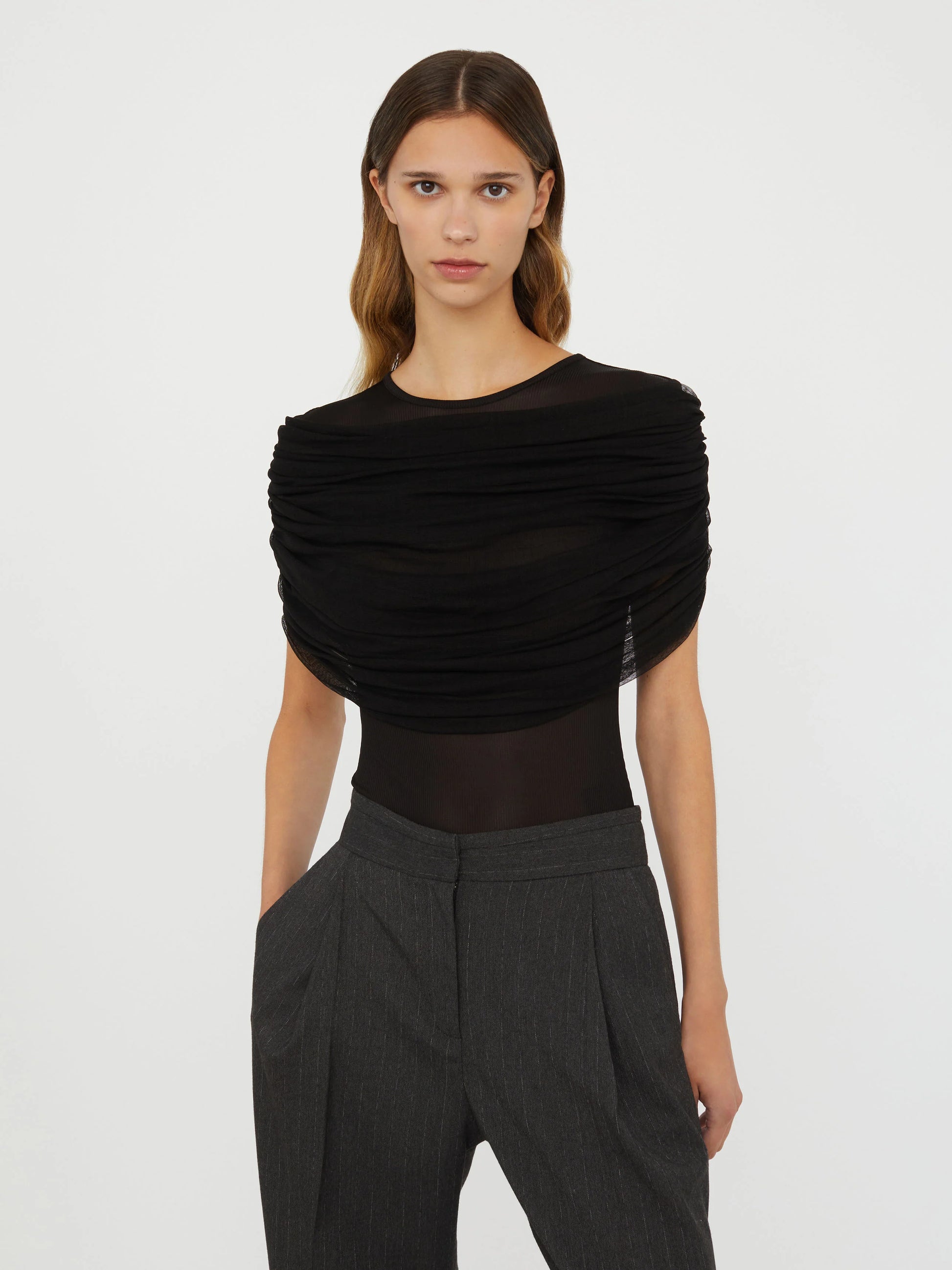 topwear,tops,casual, casual chic,gen z, millenial,knitted, stretchable, woven,polyester, spandex,black,,ruched,slim fit,fitted top,regular length,straight hem,crew neck,no straps,cap sleeves,short sleeves	OY3132, 25110017GG