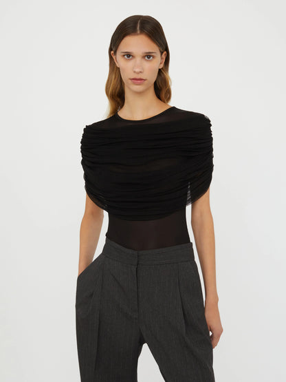 topwear,tops,casual, casual chic,gen z, millenial,knitted, stretchable, woven,polyester, spandex,black,,ruched,slim fit,fitted top,regular length,straight hem,crew neck,no straps,cap sleeves,short sleeves	OY3132, 25110017GG