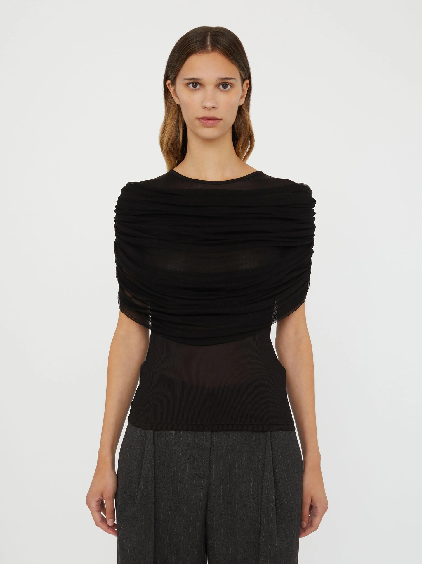 topwear,tops,casual, casual chic,gen z, millenial,knitted, stretchable, woven,polyester, spandex,black,,ruched,slim fit,fitted top,regular length,straight hem,crew neck,no straps,cap sleeves,short sleeves	OY3132, 25110017GG