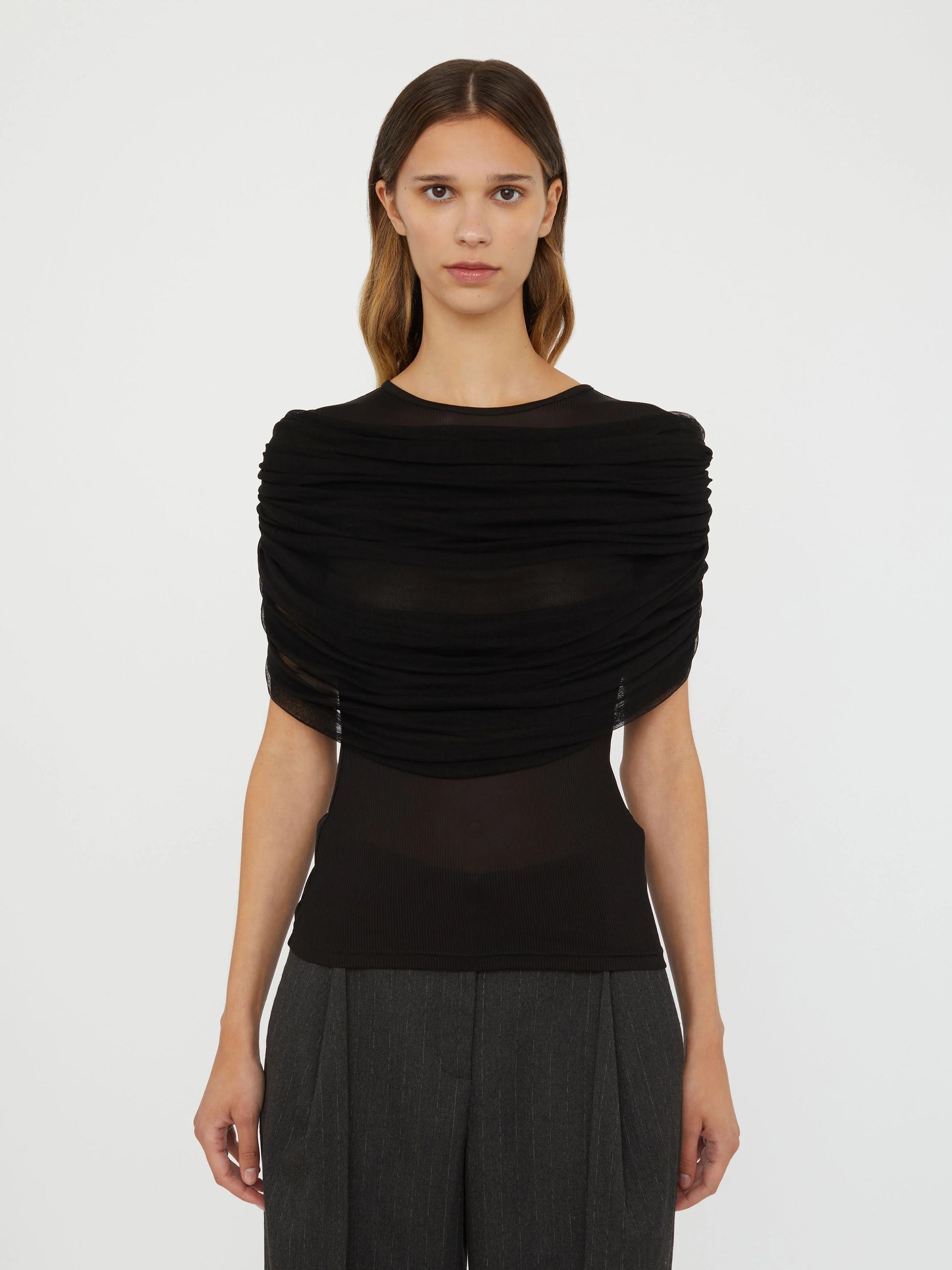 topwear,tops,casual, casual chic,gen z, millenial,knitted, stretchable, woven,polyester, spandex,black,,ruched,slim fit,fitted top,regular length,straight hem,crew neck,no straps,cap sleeves,short sleeves	OY3132, 25110017GG