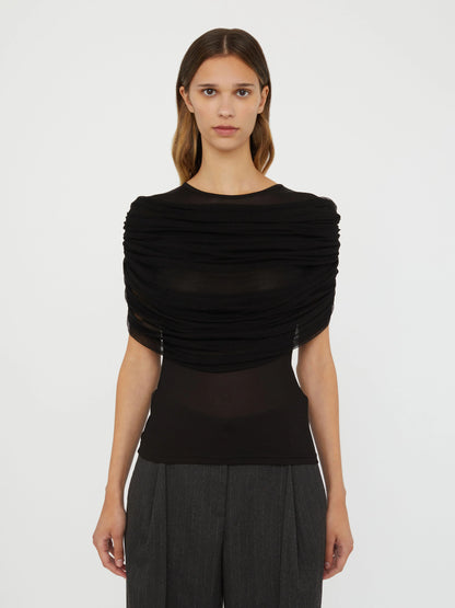 topwear,tops,casual, casual chic,gen z, millenial,knitted, stretchable, woven,polyester, spandex,black,,ruched,slim fit,fitted top,regular length,straight hem,crew neck,no straps,cap sleeves,short sleeves	OY3132, 25110017GG