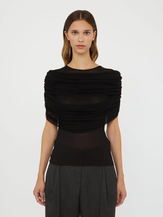 topwear,tops,casual, casual chic,gen z, millenial,knitted, stretchable, woven,polyester, spandex,black,,ruched,slim fit,fitted top,regular length,straight hem,crew neck,no straps,cap sleeves,short sleeves	OY3132, 25110017GG