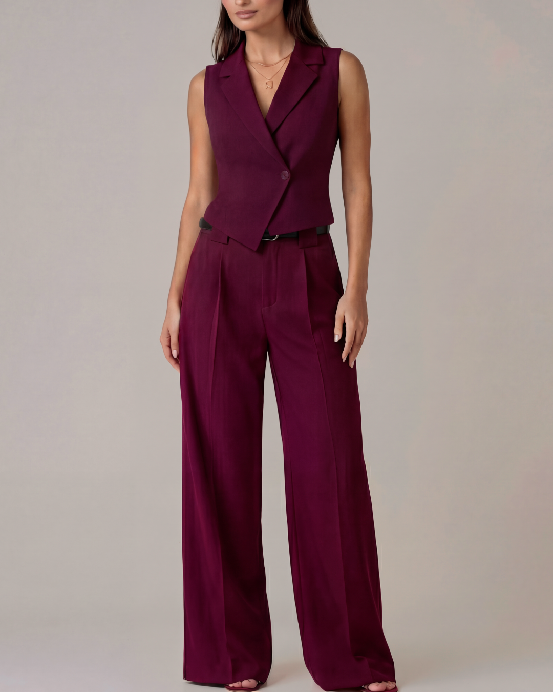 Maroon Vest And Pleated Trousers Set (Belt Included)