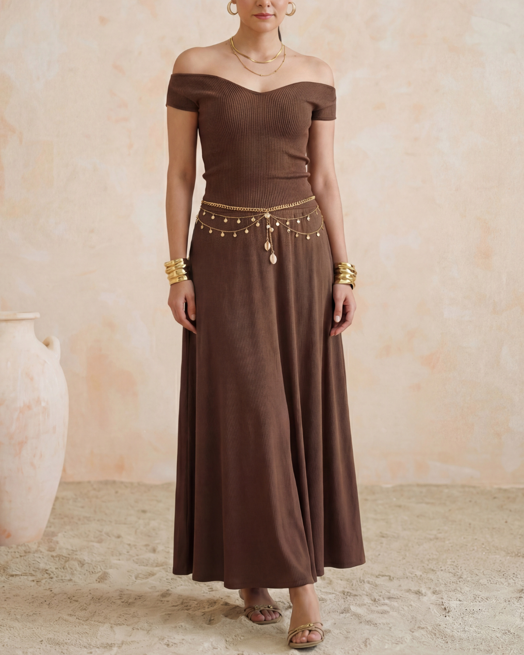 Brown Ribbed Knit Off Shoulder Top And Maxi Skirt Set