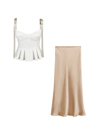 White Bowknot Straps Flared Top With Gold Satin Skirt