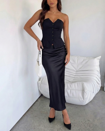 Black Bandeau Waistcoat With Satin Skirt Set
