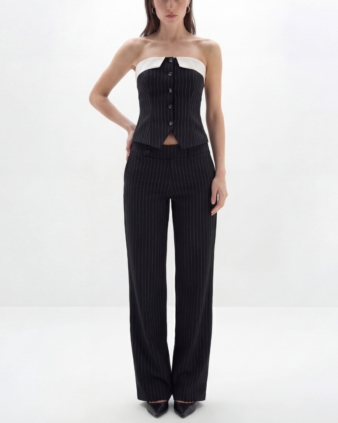 Pinstripes Button-Front Corset Top With Straight Pants