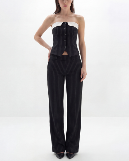 Pinstripes Button-Front Corset Top With Straight Pants