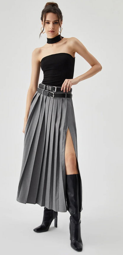 Grey Pleated Split Skirt With Two Detachable Belts