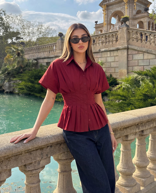 Pleated Cinched Waist Cotton Shirt - Burgundy
