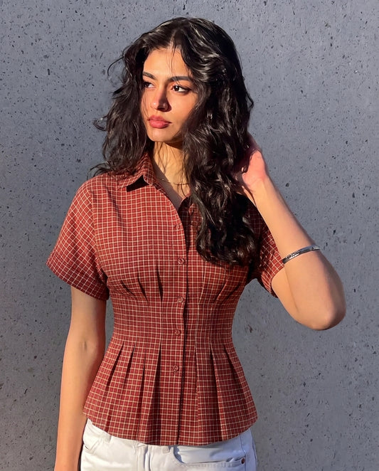 Pleated Cinched Waist Check Shirt in Red