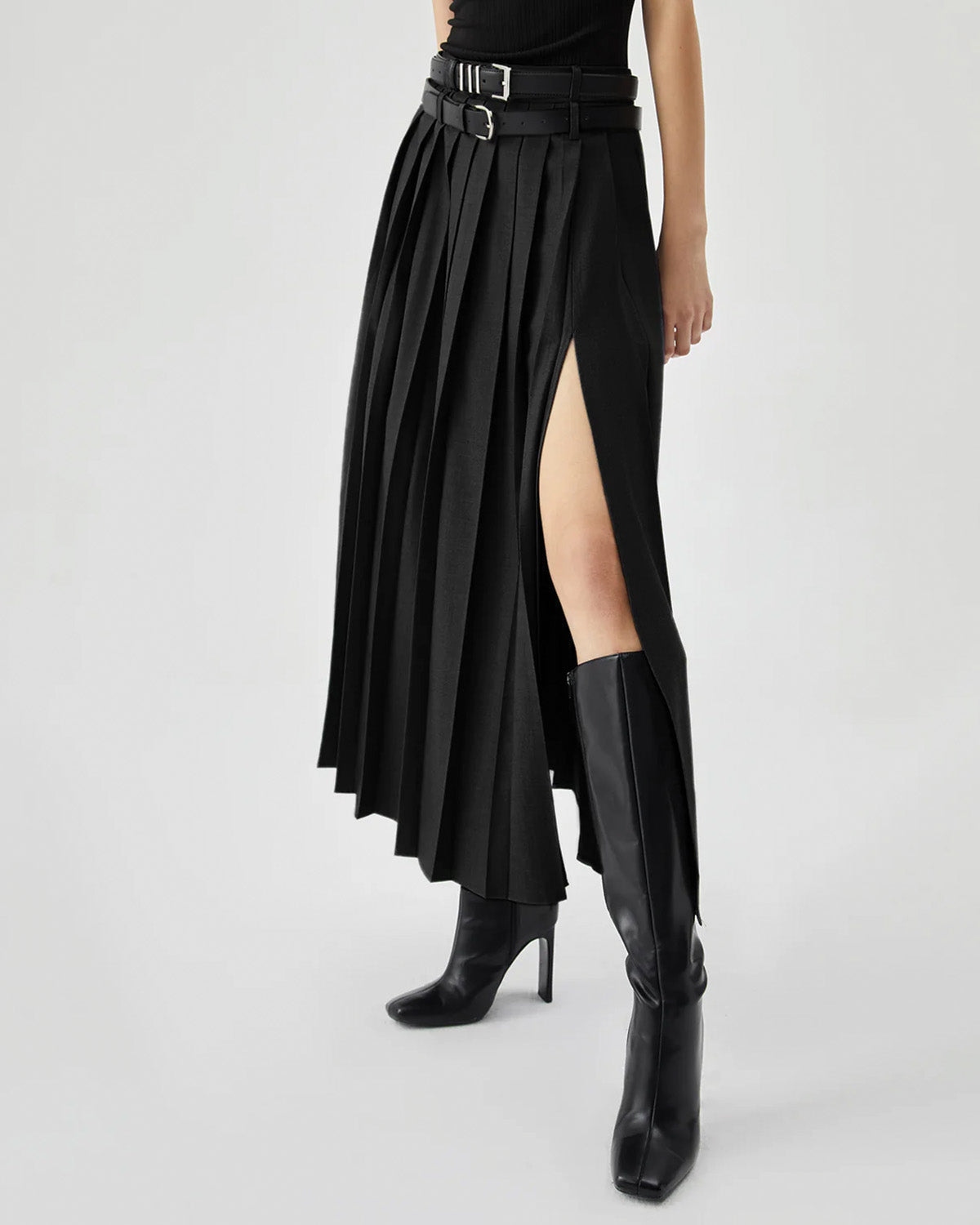 Set Of Two Pleated Split Skirts With Detachable Belts