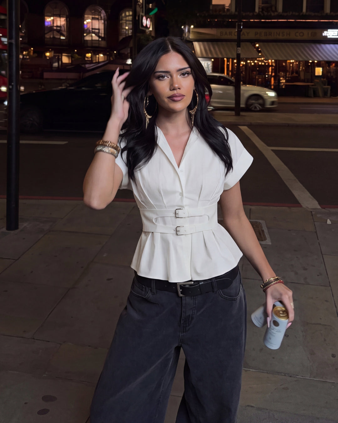 White Pleated Belted Shirt