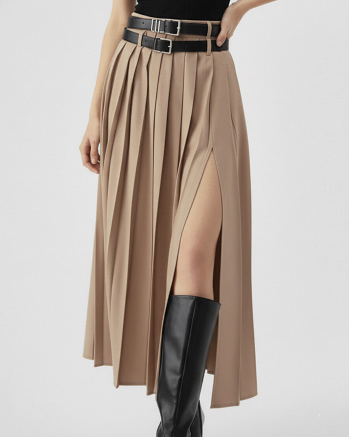 Beige Pleated Split Skirt With Two Detachable Belts