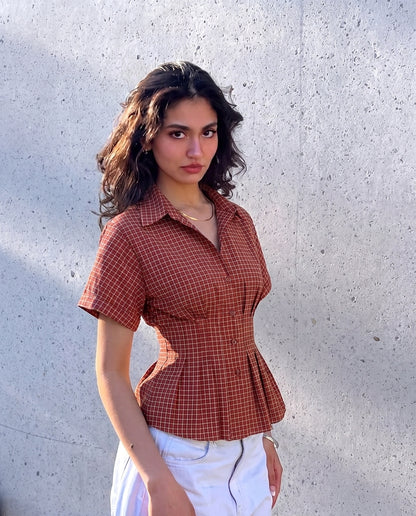 Pleated Cinched Waist Check Shirt in Red