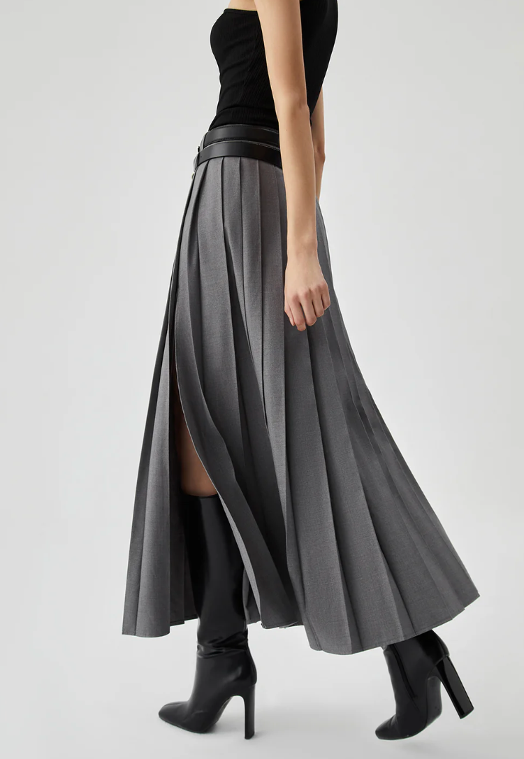 Grey Pleated Split Skirt With Two Detachable Belts