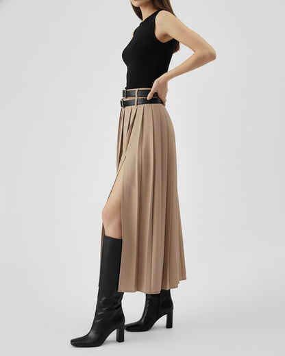 Beige Pleated Split Skirt With Two Detachable Belts