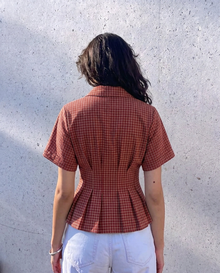 Pleated Cinched Waist Check Shirt in Red