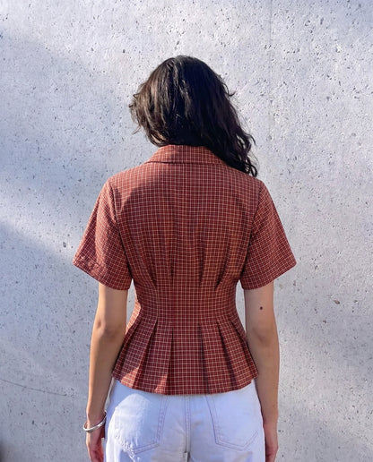 Pleated Cinched Waist Check Shirt in Red