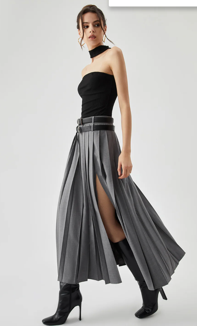 Grey Pleated Split Skirt With Two Detachable Belts
