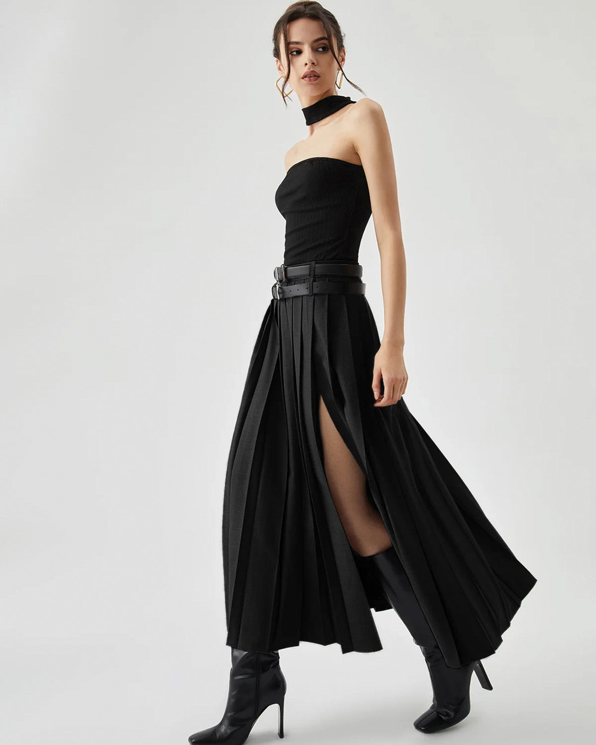 Set Of Two Pleated Split Skirts With Detachable Belts
