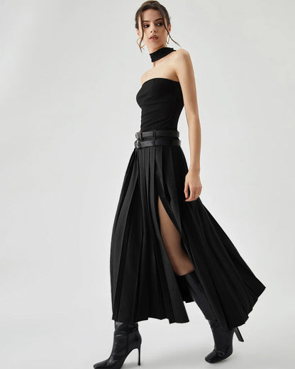 Set Of Two Pleated Split Skirts With Detachable Belts