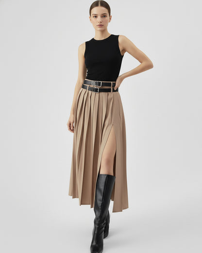 Beige Pleated Split Skirt With Two Detachable Belts