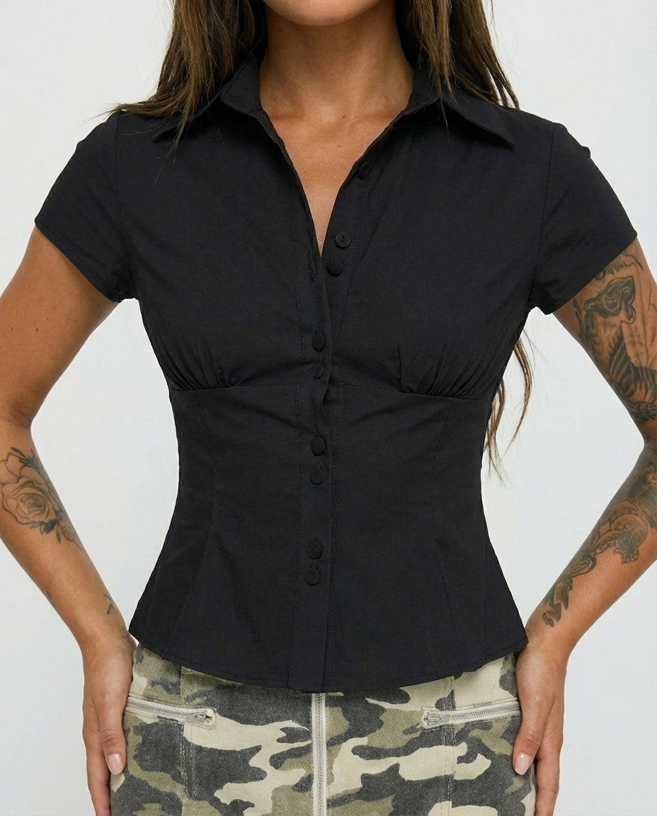 Black Waist Fitted Cotton Shirt
