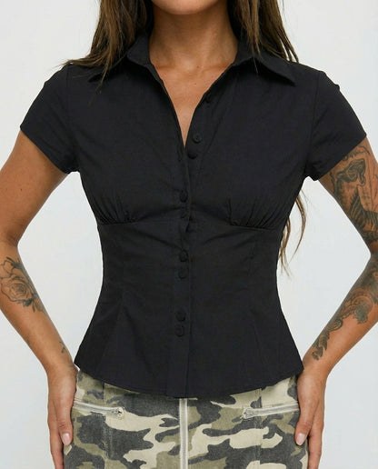 Black Waist Fitted Cotton Shirt