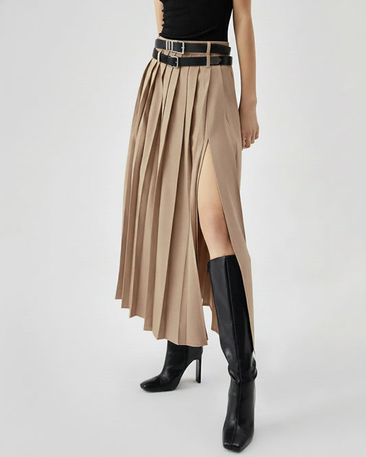 Beige Pleated Split Skirt With Two Detachable Belts