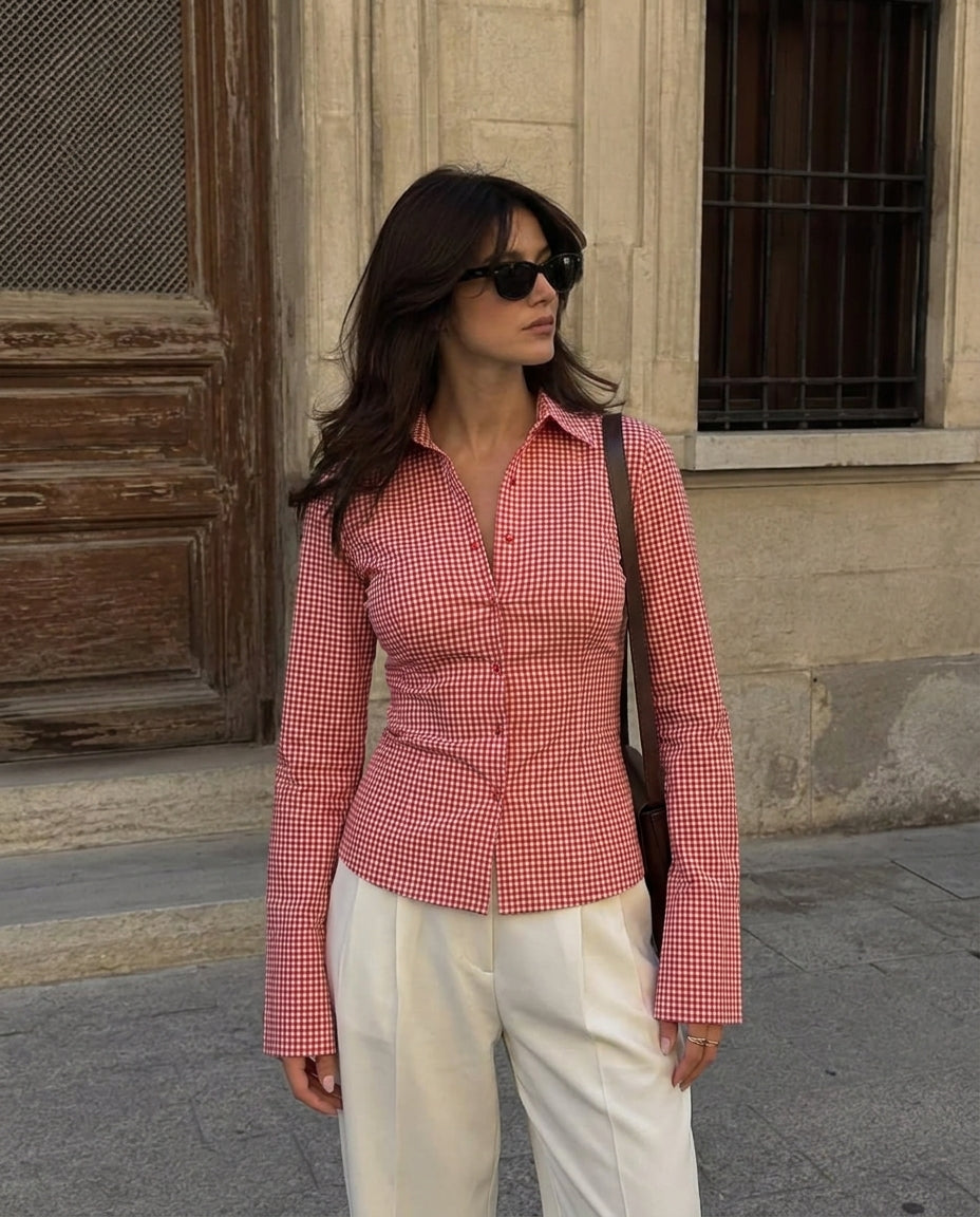 Red Gingham Check Flared Sleeve Fitted Shirt