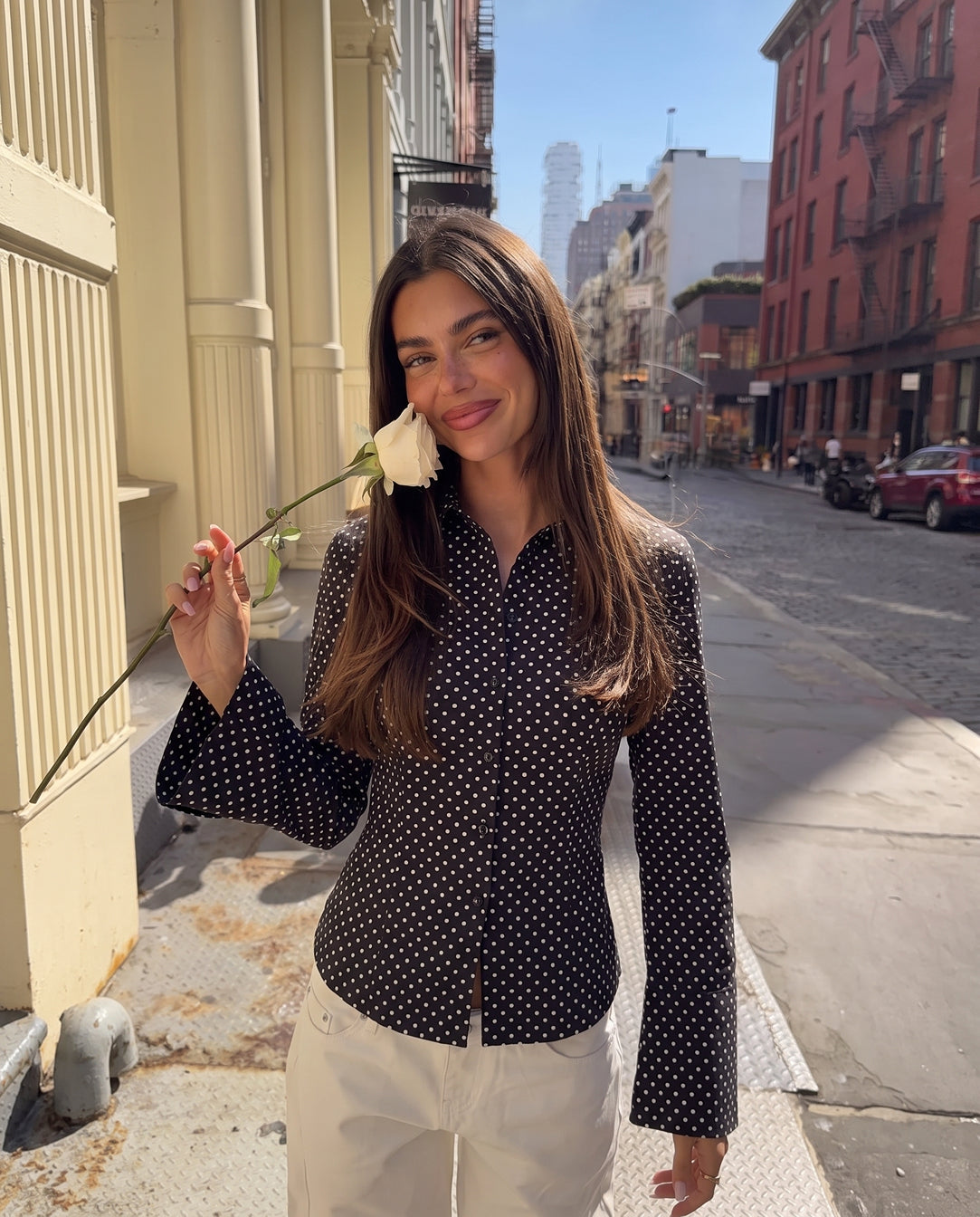 Black Polka Dot Flared Sleeve Fitted Shirt