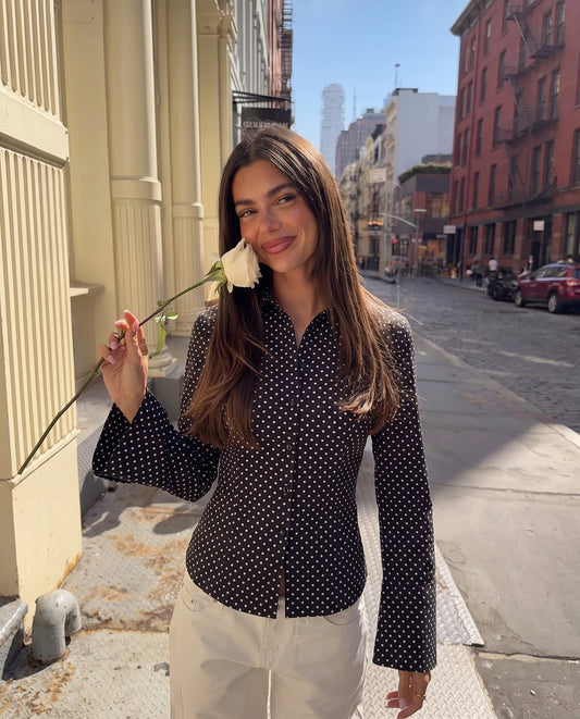 Black Polka Dot Flared Sleeve Fitted Shirt