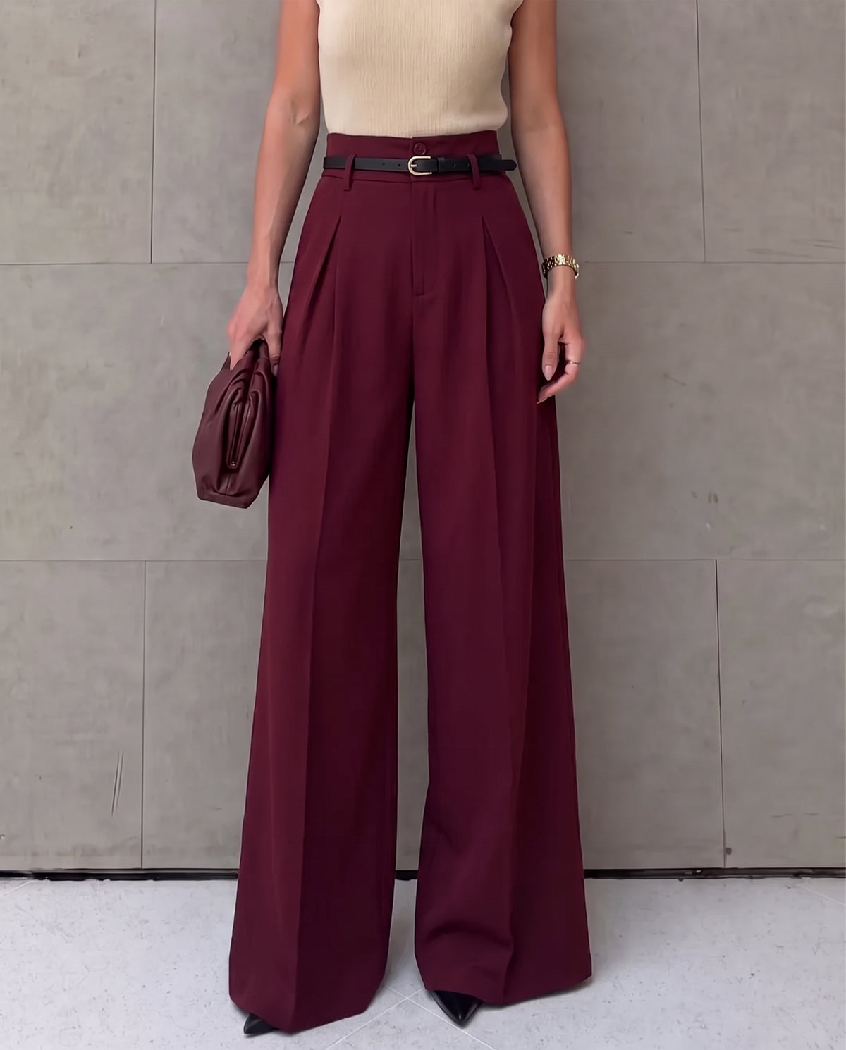 Burgundy Pleated Pants With Belt