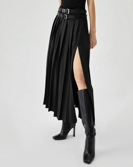 Black Pleated Split Skirt With Two Detachable Belts