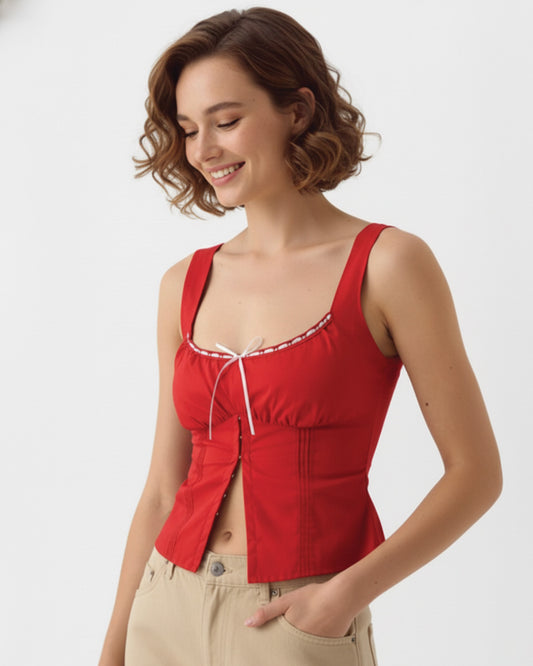 Contrast Piping Corset Top In Red
