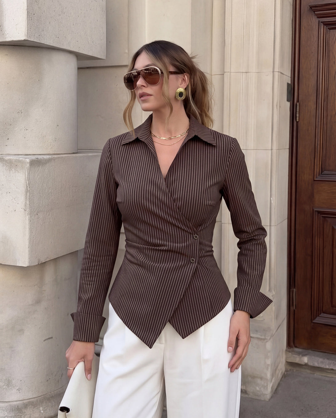 Sculpted Wrap Pinstripe Shirt - Brown