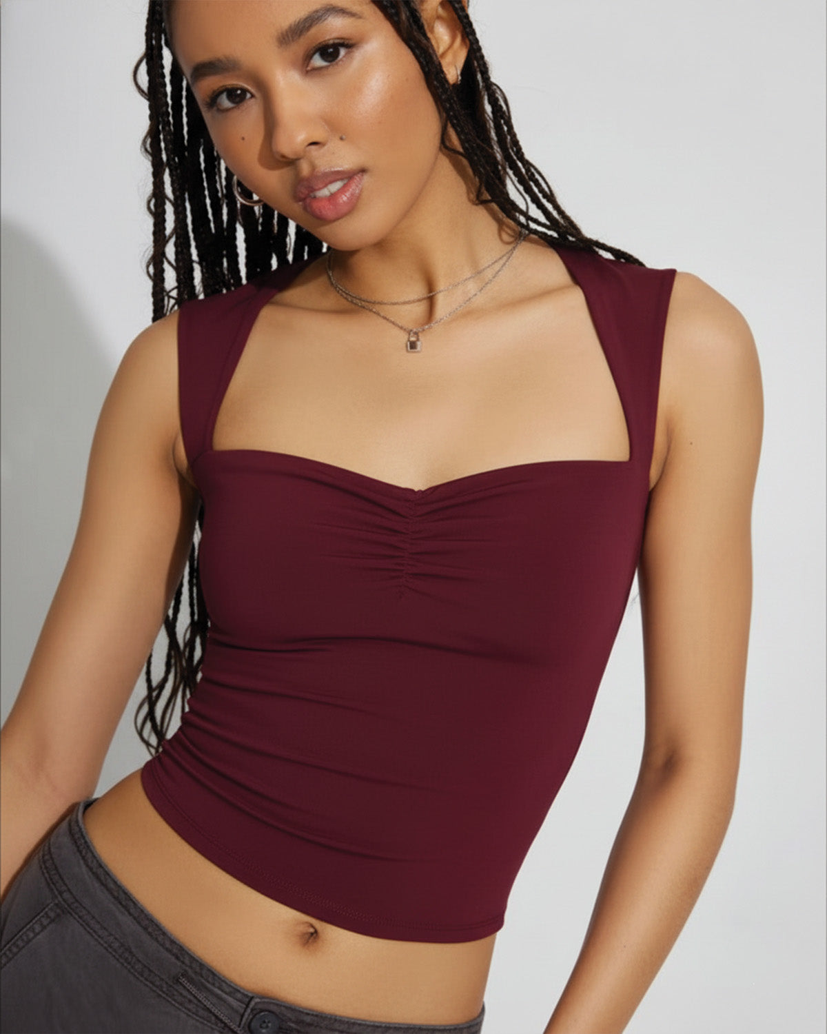 Burgundy Sweetheart Neck Ribbed Top