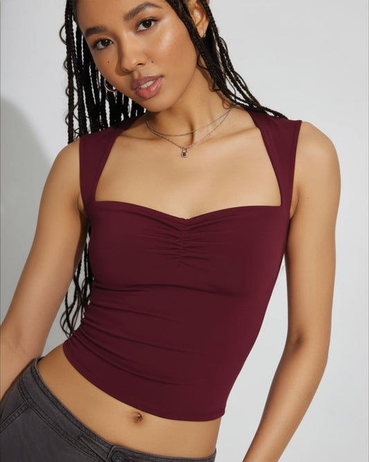 Burgundy Sweetheart Neck Ribbed Top