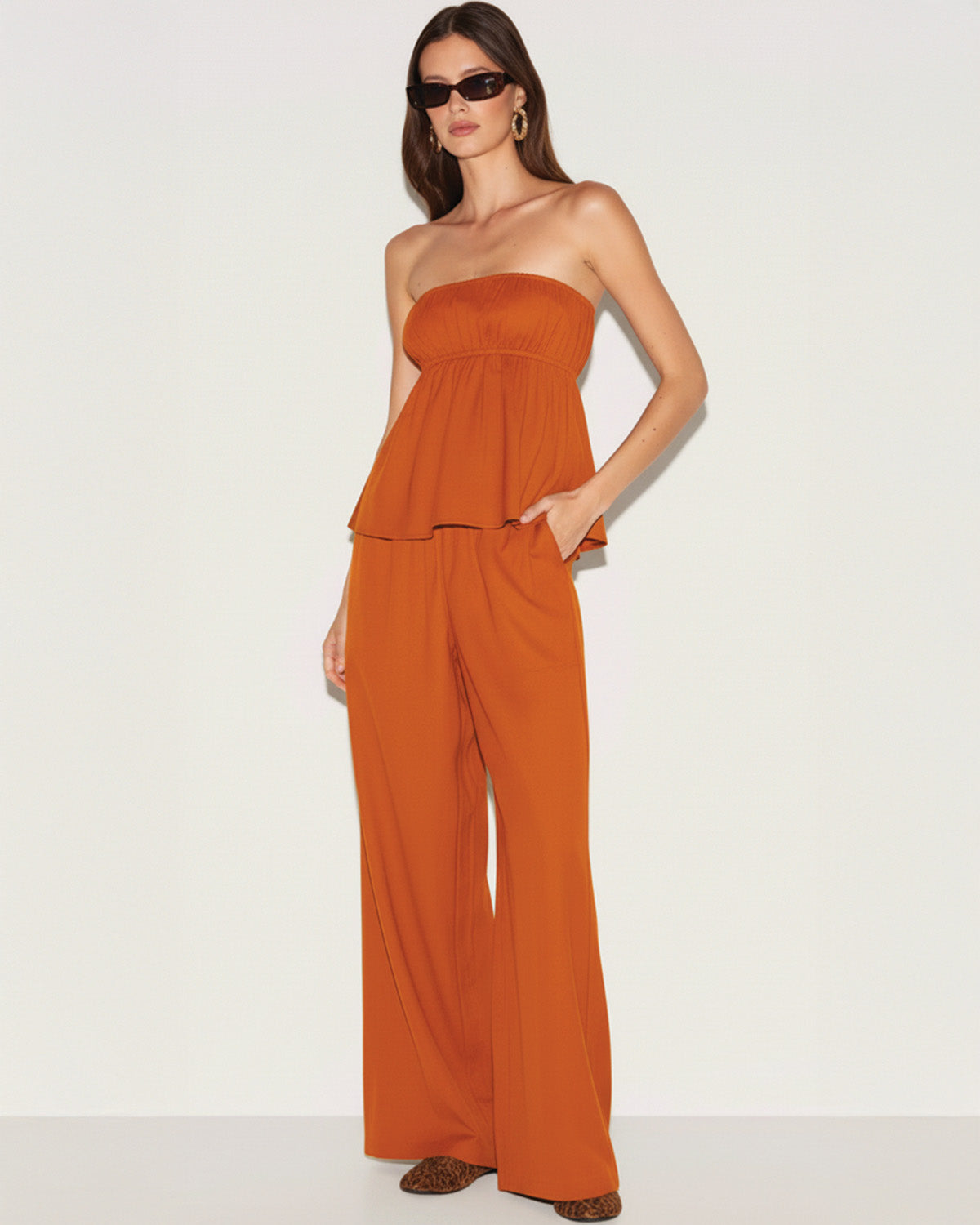 Burnt Orange Bandeau Top And Pants Co Ord Set